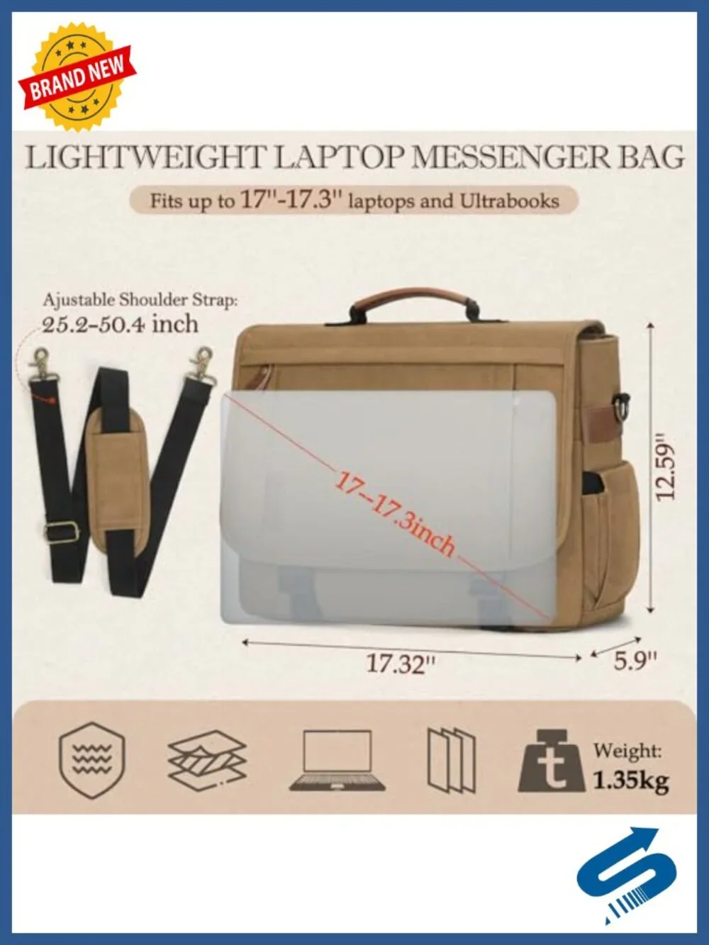 Waterproof Canvas Messenger Bag for Men 17.3